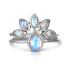 Rainbow Moonstone Stacking Ring Set Sterling Silver