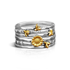 Bees and Sunflower Stacking Ring Set Sterling Silver