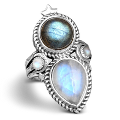 Celestial Moonstone and Labradorite Silver Ring