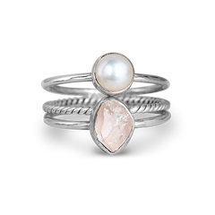 Pearl and Rose Quartz Stacking Ring Set Sterling Silver