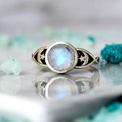 Moonstone Stars Moon Ring Sterling Silver