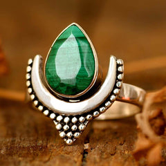 Boho Malachite Moon Ring Sterling Silver