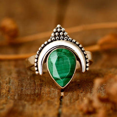 Boho Malachite Moon Ring Sterling Silver