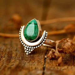 Boho Malachite Moon Ring Sterling Silver