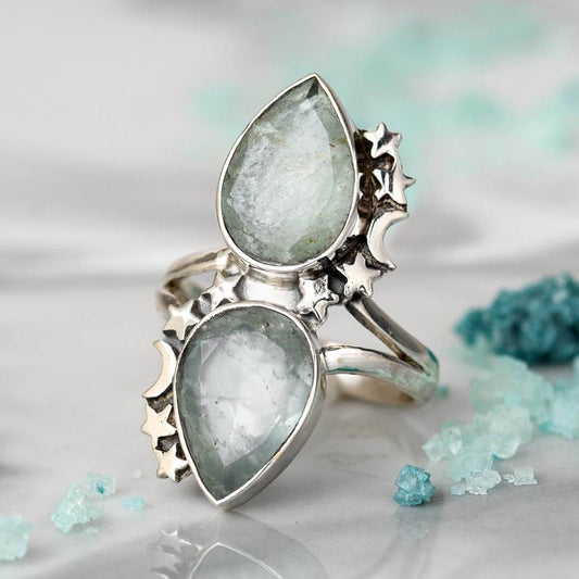 Teardrop Aquamarine Stars and Moon Ring