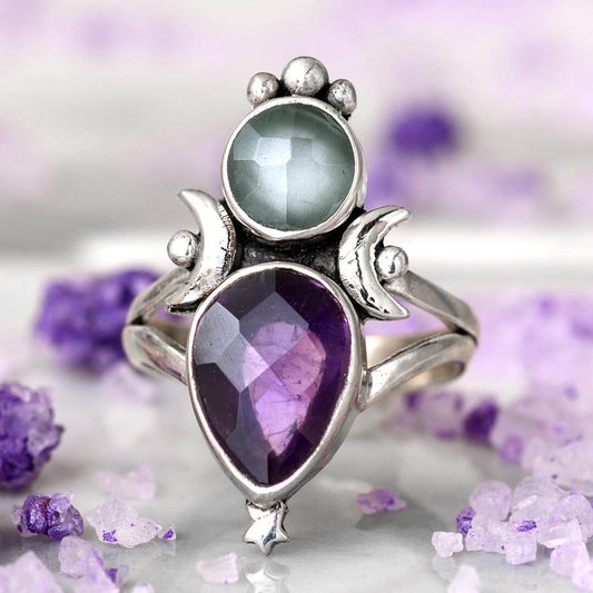 Aquamarine & Amethyst Stars and Moon Ring