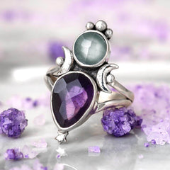 Aquamarine & Amethyst Stars and Moon Ring