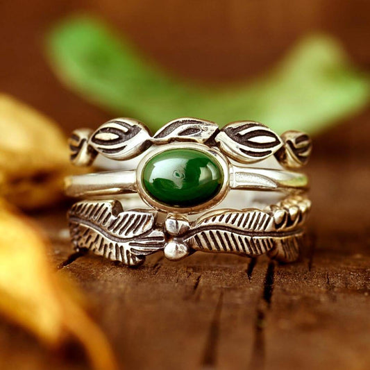 Leaves Stackable Ring Set with Malachite