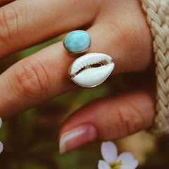 Cowrie Shell and Larimar Ring