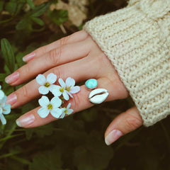 Cowrie Shell and Larimar Ring