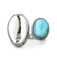 Cowrie Shell and Larimar Ring