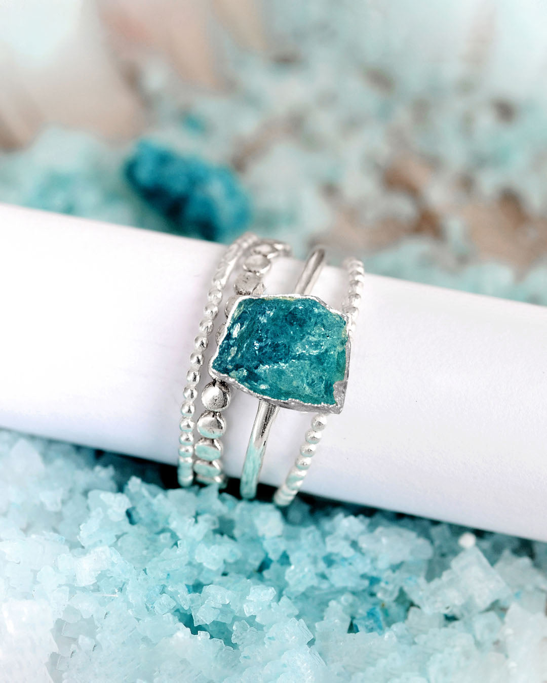 Raw Apatite Silver Stacking Ring Set