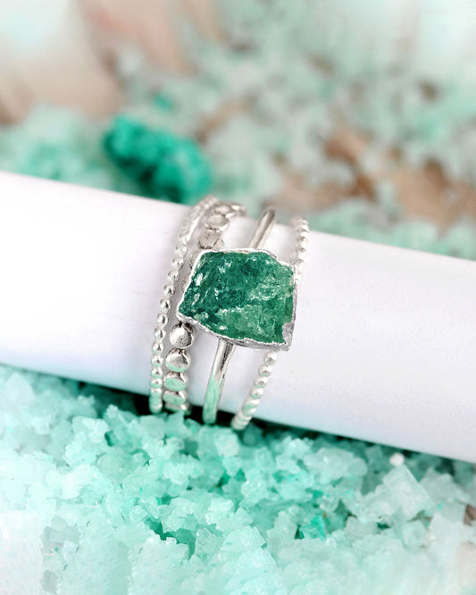 Raw Green Aventurine Silver Stacking Ring Set