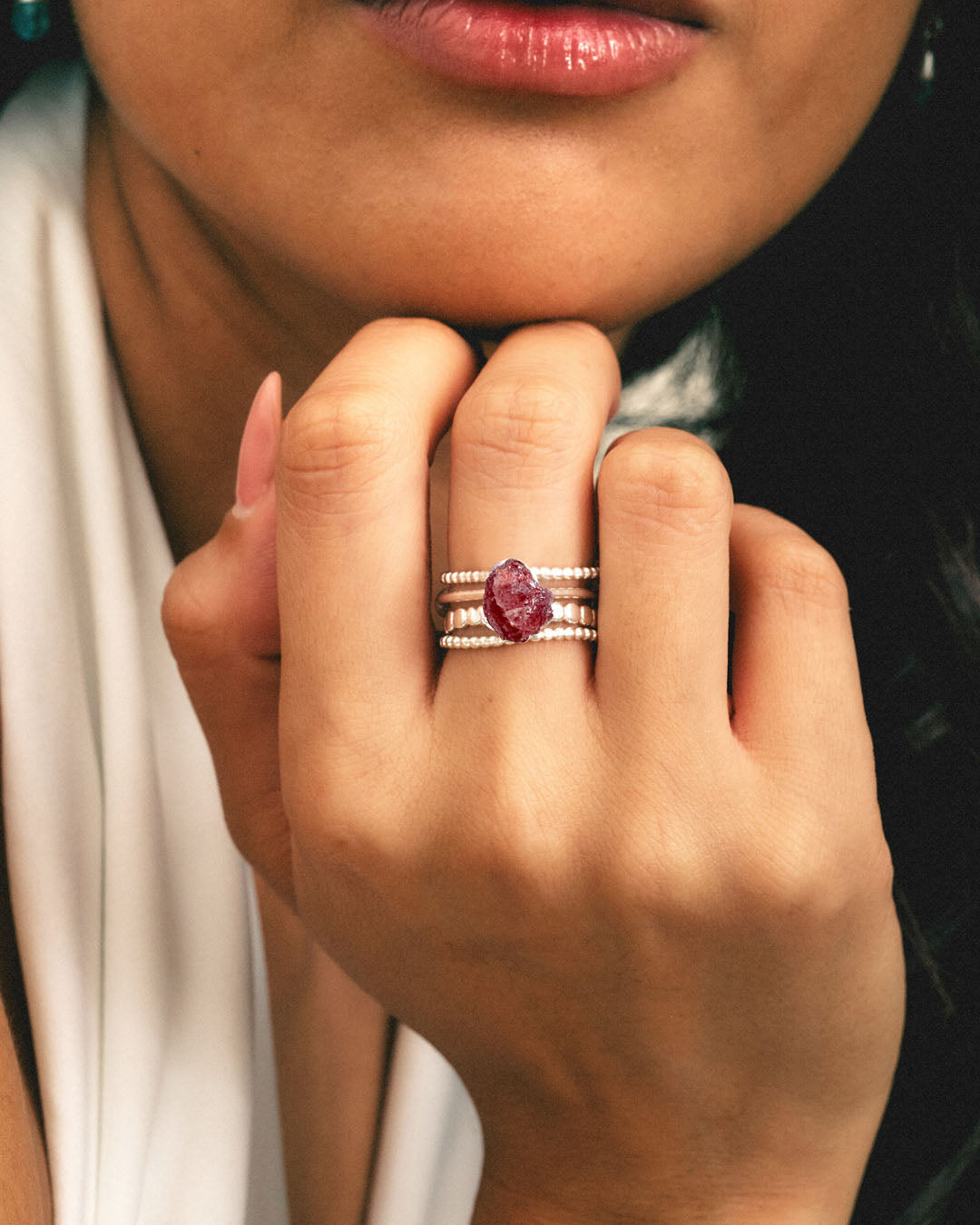 Raw Strawberry Quartz Silver Stacking Ring Set