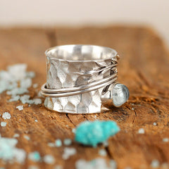 Aquamarine Leaf Spinner Ring Sterling Silver