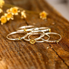 Bees and Sunflower Stacking Ring Set Sterling Silver