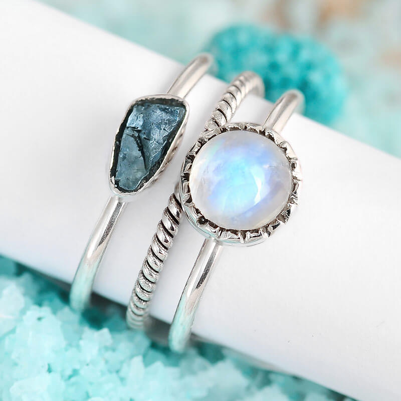 Moonstone and Aquamarine Ring Stacking Set Sterling Silver