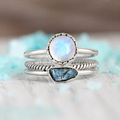 Moonstone and Aquamarine Ring Stacking Set Sterling Silver