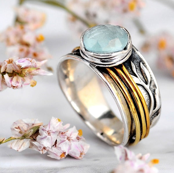 Aquamarine Spinner Ring Inspired by Nature Sterling Silver