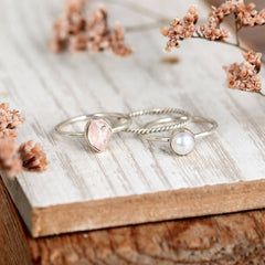 Pearl and Rose Quartz Stacking Ring Set Sterling Silver