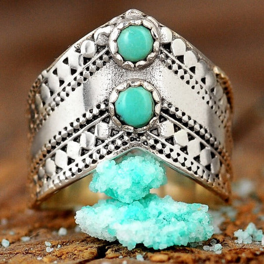 Chevron Boho Ring with Green Turquoise Sterling Silver