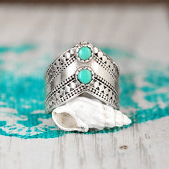 Chevron Boho Ring with Green Turquoise Sterling Silver