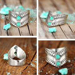 Chevron Boho Ring with Green Turquoise Sterling Silver