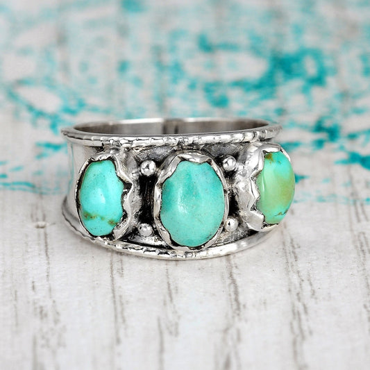 Sterling Silver Three Stone Authentic Turquoise Ring