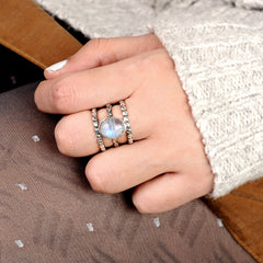 Large Rainbow Moonstone Ring Sterling Silver