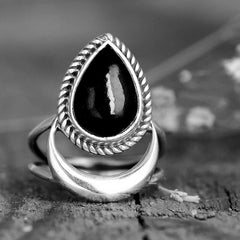 Black Tourmaline Moon Ring Sterling Silver